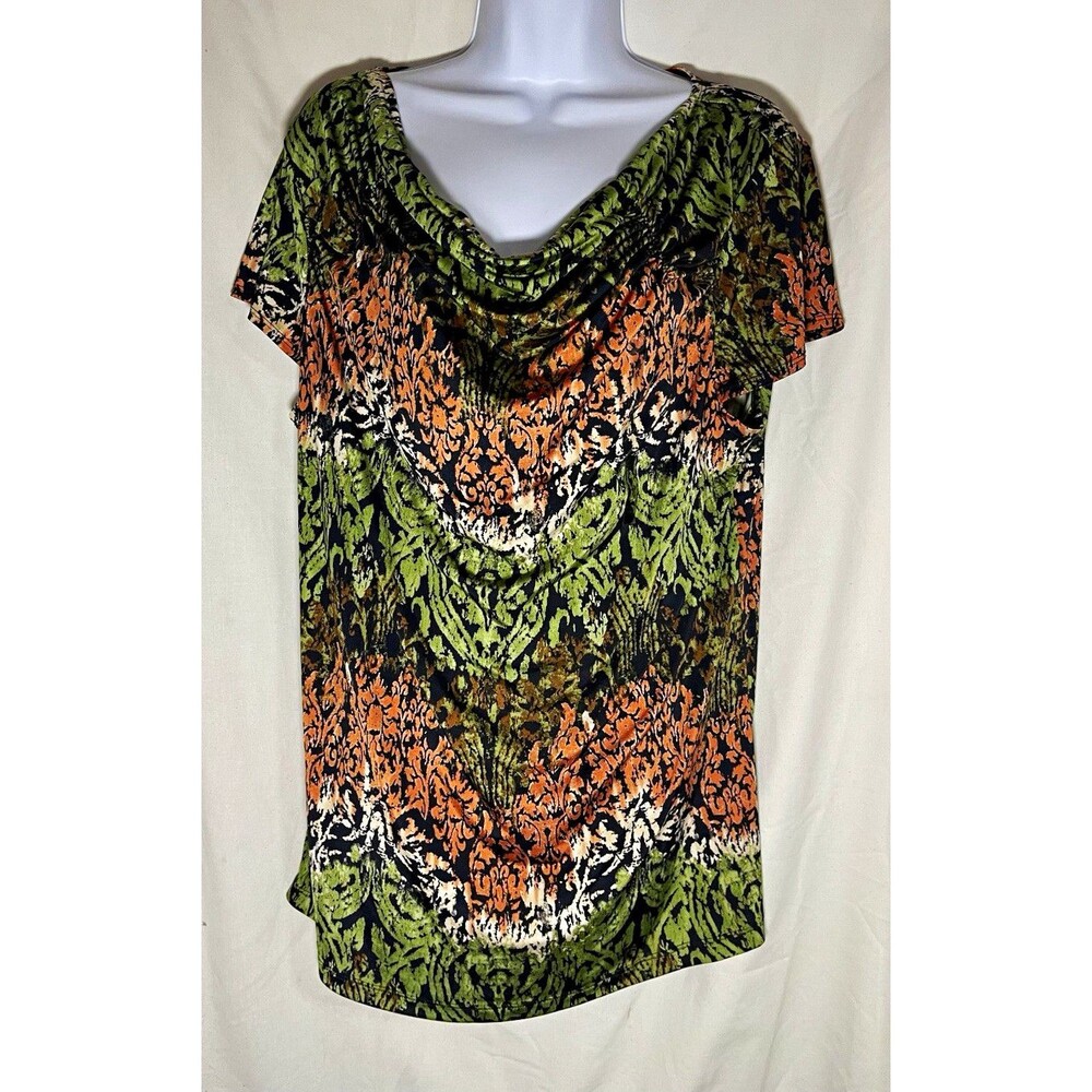 Susan Lawrence Womenโs Blouse XL Multicolor Floral Cowl Neck Stretch Ruched